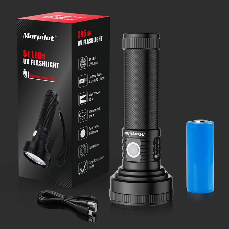 [Australia] - Black Light, morpilot 51 LED UV Flashlight Rechargeable Blacklight Torch Light Pet Urine Detector for Dry Dog Urine, Pet Stains, Verifying Money Documents, Battery Included 