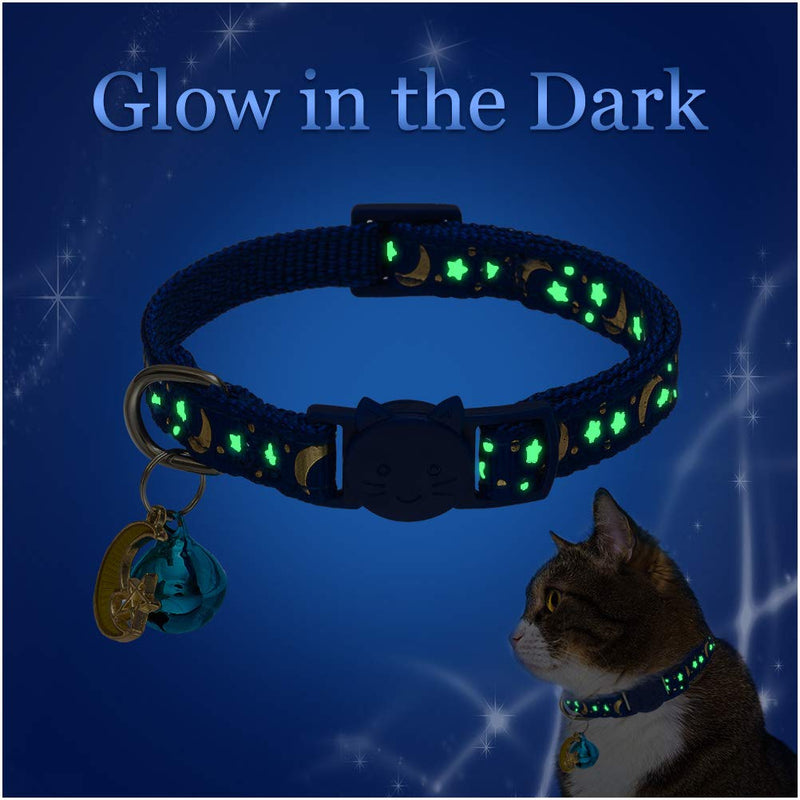 Cat Collar Breakaway with Bells - 6 Pack Glow in The Dark - Stars & Moon Charm Pendent Pet Reflective Collars Ideal for Kitten Cats Puppy - PawsPlanet Australia