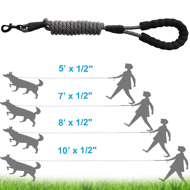 MayPaw 5FT/7FT/8FT/10FT Strong Rope Dog Lead, 1/2" Thick Heavy Duty Climbing Nylon Medium Large Dog Lead with Soft Padded Handle for Outdoor Pets Walking Playing Exploring 5ft x 1/2in Black - PawsPlanet Australia