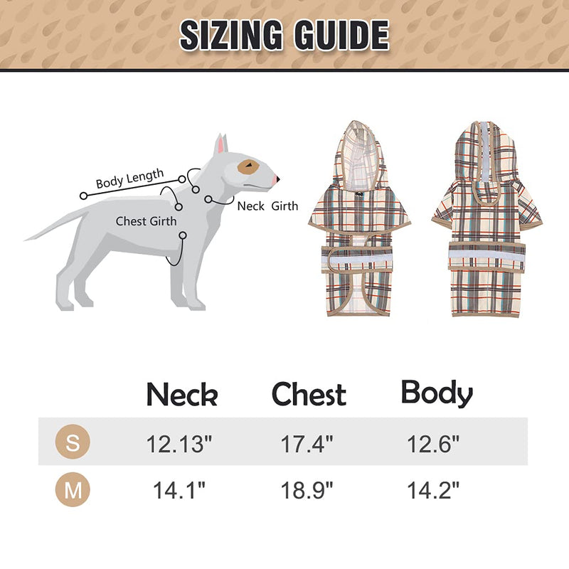 BINGPET Plaid Dog Raincoat - Hooded Waterproof Pet Poncho with Reflective Strap, Lightweight Dog Rain Coat Jacket with Leash Hole, Fit for Small Medium Dogs Beige - PawsPlanet Australia