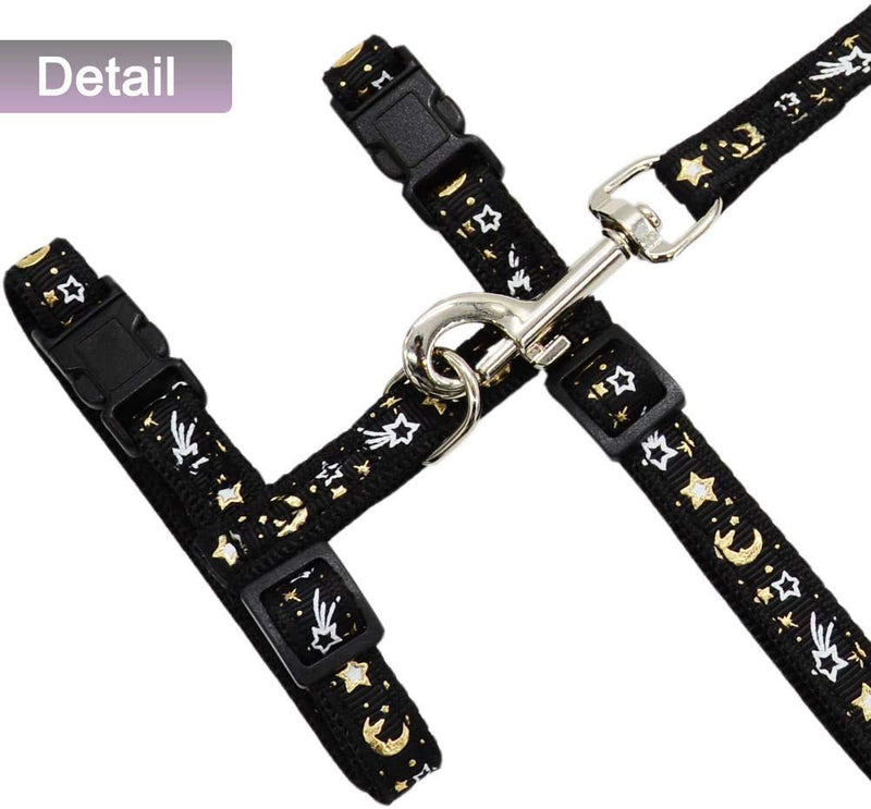 [Australia] - Cat Harness and Leash Set for Outdoor Walking Escape Proof Adjustable Soft Safety Strap with Golden Star and Moon Design Glow in The Dark Black 