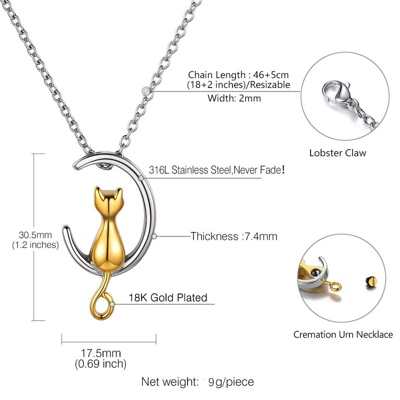 [Australia] - Richsteel Moon Cat/Cross/Angel Wing/Forever in My Heart/Bar/Hourglass Urn Necklace for Women Men Stainless Steel/18K Gold Plated Cremation Jewelry for Human Ashes Waterproof (with Gift Box) 01-Gold cat no personalized 