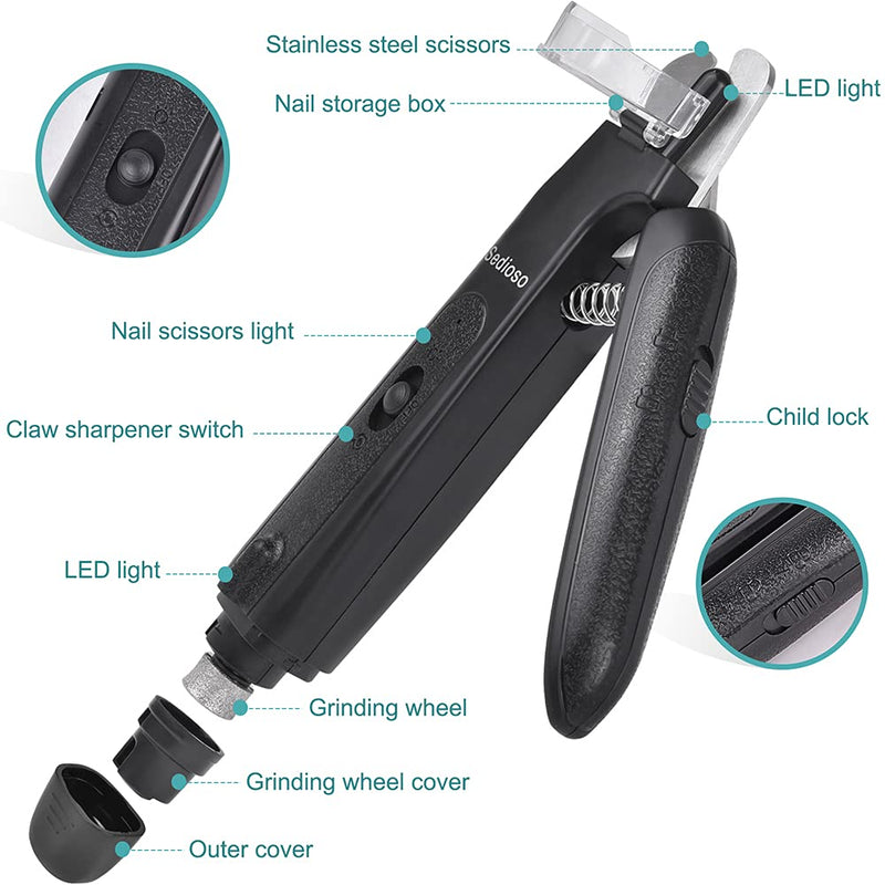 Sedioso Dog and Cat Clipper, Rechargeable 2-in-1 Pet Clipper and Grinder Set with Led Light, Low Noise Nail Trimmer and Paw Grooming for Small Medium Large Breed Dogs and Cats Black - PawsPlanet Australia