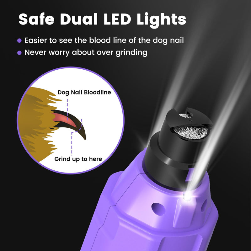 LAKWAR Upgraded 6 Speed Dog Nail Grinder with 2 LED Lights, Quiet Painless Powerful Pet Nail Trimmer for Dogs, Electric Nail File for Cats and Large Small Purple - PawsPlanet Australia