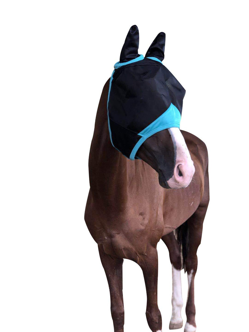 TGW RIDING Horse Mask with Ears Fine Mesh Warmblood Black/Turquoise - PawsPlanet Australia