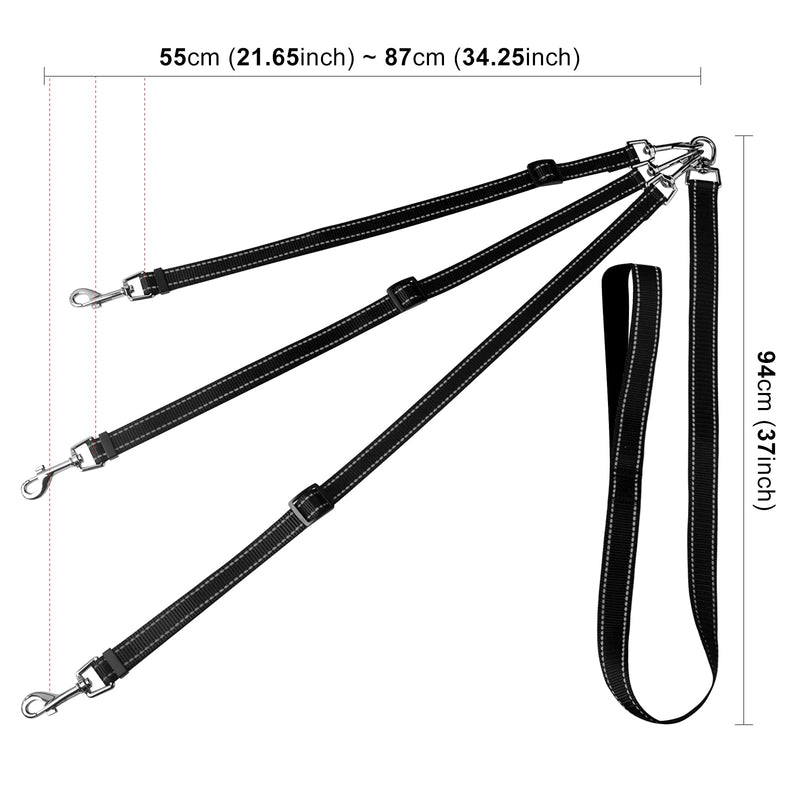 3 in 1 Dog Leashes, 3 Piece Dog Leash, 3 Way Dog Leash Splitter for Pets, Reflective, Removable, Padded, Adjustable, for 1,2 or 3 Dogs Black - PawsPlanet Australia