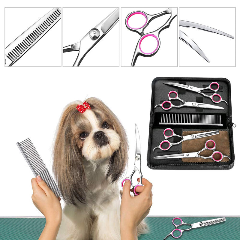 Maxiaa 4 Pcs Professional Dog Grooming Scissors, Stainless Steel Pet Grooming Scissors Set with 7-inch Straight Scissors, Thinning Shear, Up-curved Scissors, Down-curved scissors, Grooming Comb (Pink) - PawsPlanet Australia