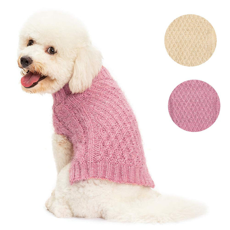 SCIROKKO Turtleneck Dog Sweater - Classic Cable Knit Winter Coat - Feather Yarn Glittered with Silver Wire - Keep Warm for Doggies Puppy XS - neck 9-10", chest 15-16" Pink - PawsPlanet Australia