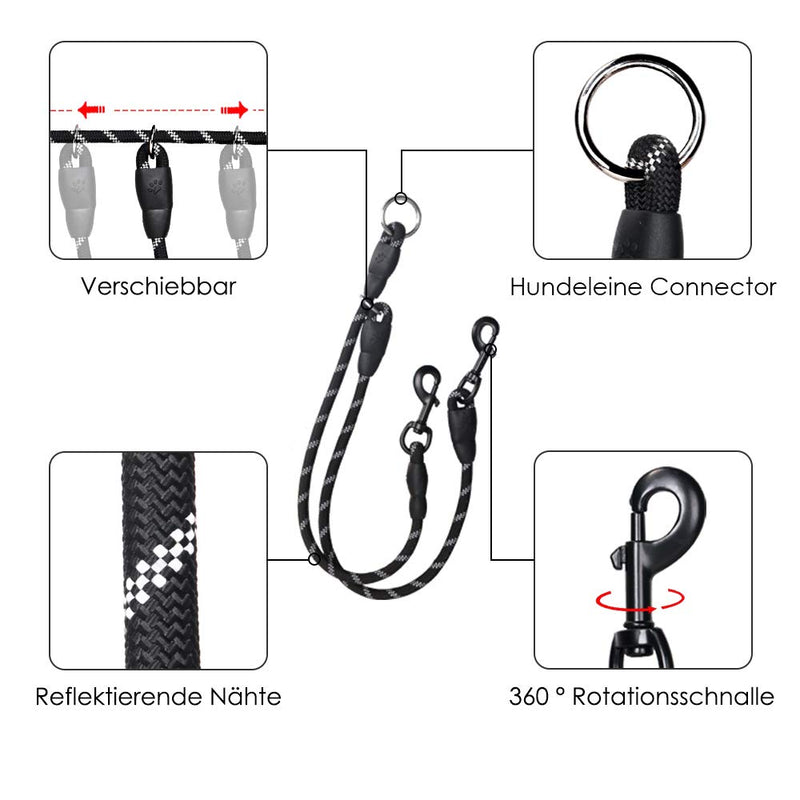 SlowTon Double Leash Dog Leash for 2 Dogs No Tangle Reflective Adjustable Splitter Splitter Adjustable Splinter Leash with Sliding Running Training and 360 ° Swing Hook (Black) black - PawsPlanet Australia