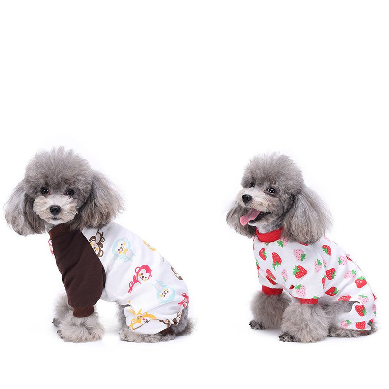 Amakunft 2-pack Dog Clothes Dogs Cats Onesie Soft Dog Pajamas Cotton Puppy Rompers Pet Jumpsuits Cozy Bodysuits for Small Dogs and Cats XS Monkey & Strawberry - PawsPlanet Australia