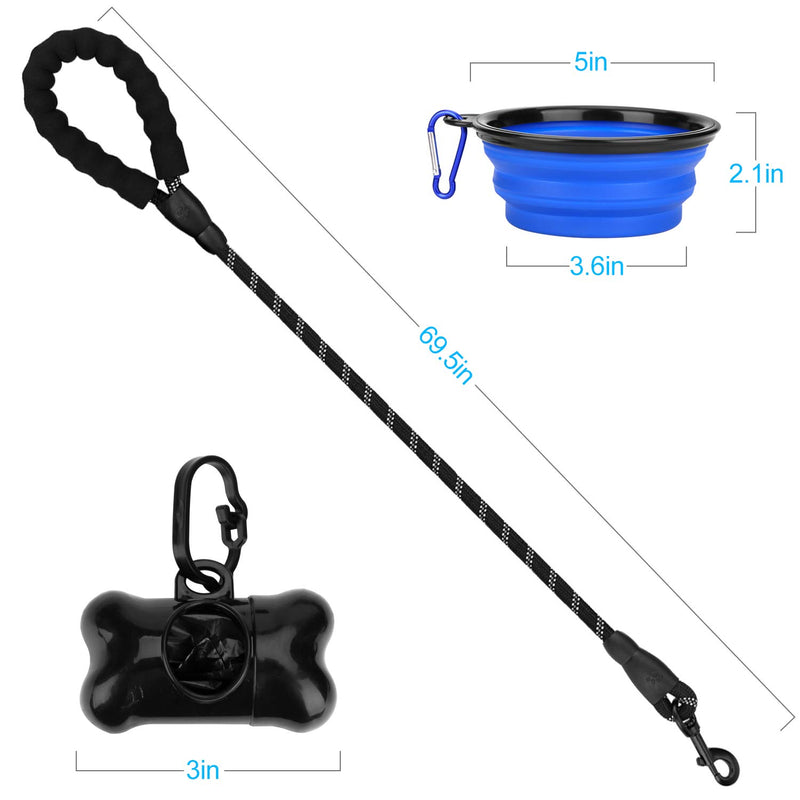 [Australia] - xjzx 5 FT Heavy Dog Leash - Comfortable Filling Handle, Heavy Metal Buckle and High Reflector, Suitable for Small, Medium and Large Dogs, with Foldable Free Pet Bowl 