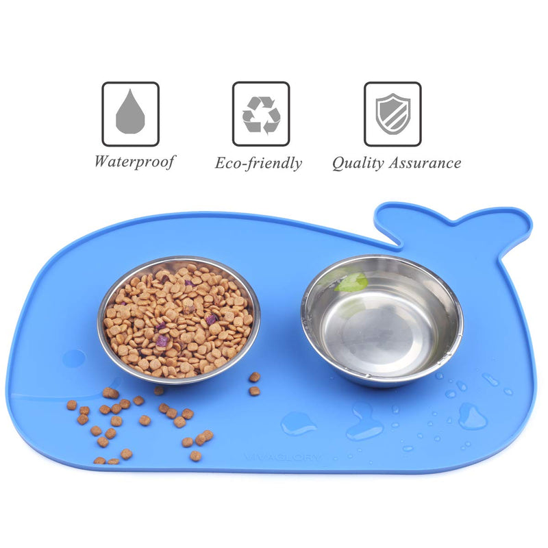 Vivaglory Pet Food Mat with Raised Edge, Large (23.6" x 15.7") or Small (18.9" x 11.8") Waterproof Food Grade Silicone Cute Feeding mat for Kitty Puppy Cat Dog S(18.9"x11.8") Blue (Whale-shape) - PawsPlanet Australia