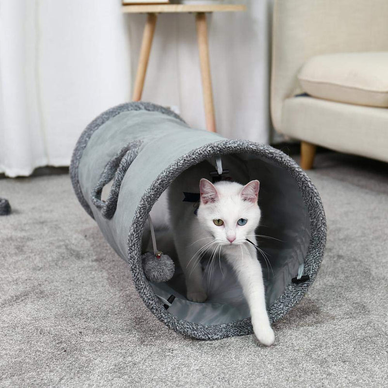 [Australia] - LeerKing Collapsible Cat Tunnel, 1/2 Window Cat Play Tube Toy for Large Cats with Scratching Ball Crinkle Paper M (26.3"x 11.8") Grey 