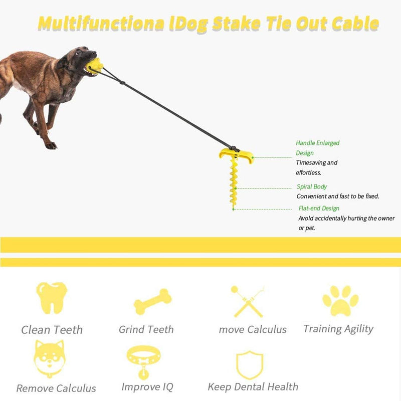 DUJIAOSHOU Dog Spike Stake in Ground?Dog Tie Out Cable and Stake, Dog Lead Leash Sturdy Spiral Ground Anchor with Dog Chew Molar Ball Toy (Yellow) Yellow - PawsPlanet Australia