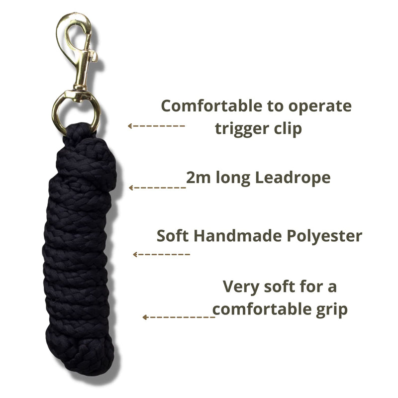 Windsors Soft Handmade 2 M Long Lightweight Nylon Plaited Design Strong Equestrian Lead Rope HeavyDuty Brass Snap Comfortable to Operate Trigger Clip Warranty (Black, Golden) Black - PawsPlanet Australia