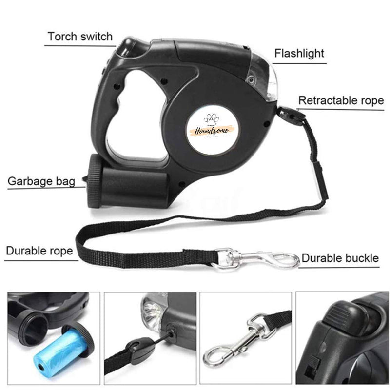 Houndsome Black Retractable 5m Long Dog Leash Rope Belt - With Bright LED Lights Flashlight And Waste Bags - Extendable to 15feet - For Dogs Up To 15kg - For Running Training Walking - PawsPlanet Australia