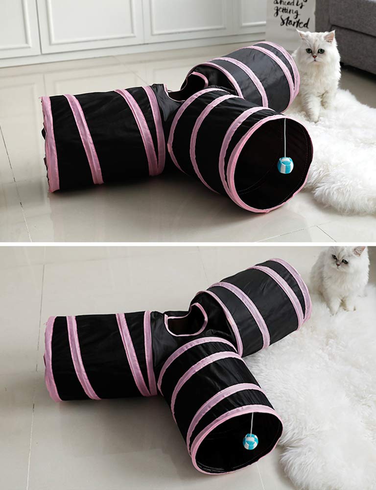 Athyior 3 Way Cat Tunnel Toys - Pop Up Play Tunnels Collapsible Interactive Pet Toy for Kitten Cat Rabbit with Ball Pink Black - PawsPlanet Australia