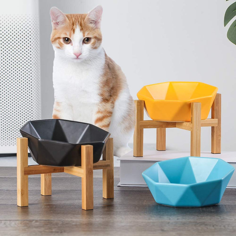 HCHLQLZ Black with stand Ceramic Tilted Elevated Raised Pet Bowl with bamboo Stand for Cats and Dogs No Spill Pet Food Water Feeder - PawsPlanet Australia