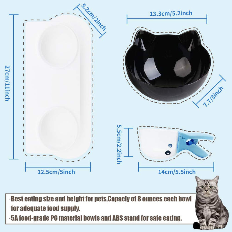 WQU elevated double cat bowl, lovely cat-ear style, 15° inclined non-slip cat food and water bowl, protect the pet's cervical spine, removable cat and dog pet bowl, free food spoon Black - PawsPlanet Australia