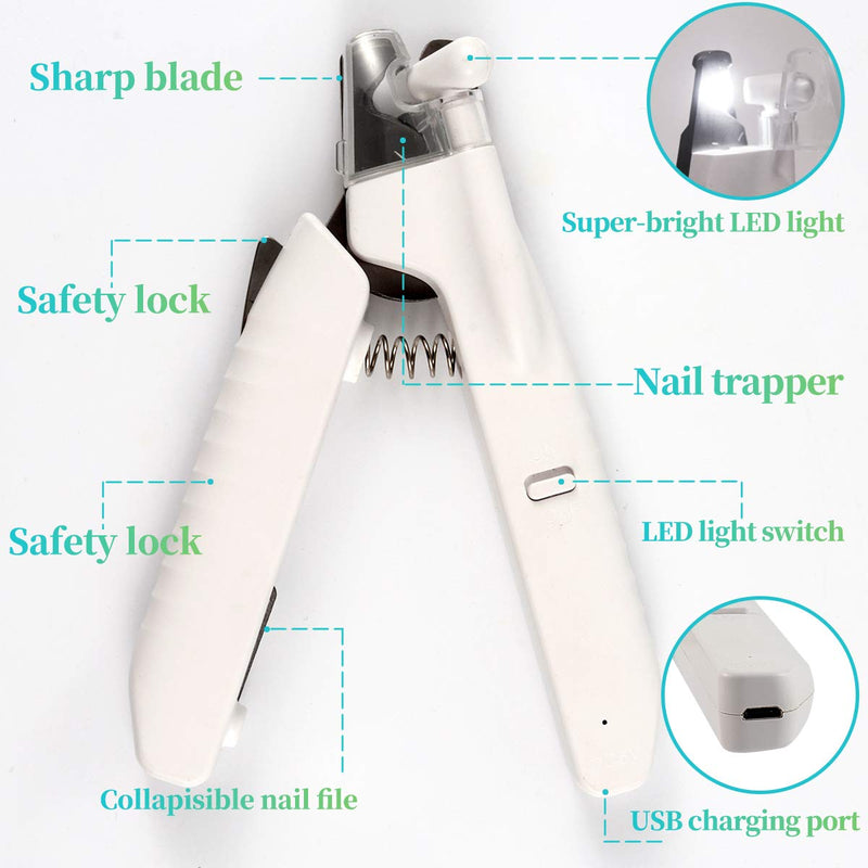 CestMall Dog Nail Clippers, Stainless Steel Pet Nail Clippers with Safety Guard, LED USB Rechargeable Cutting Nail Trimmer Animal Pet Claw Scissor Nail Cutter for Dogs, Cats, Large& Small Breed Animal - PawsPlanet Australia