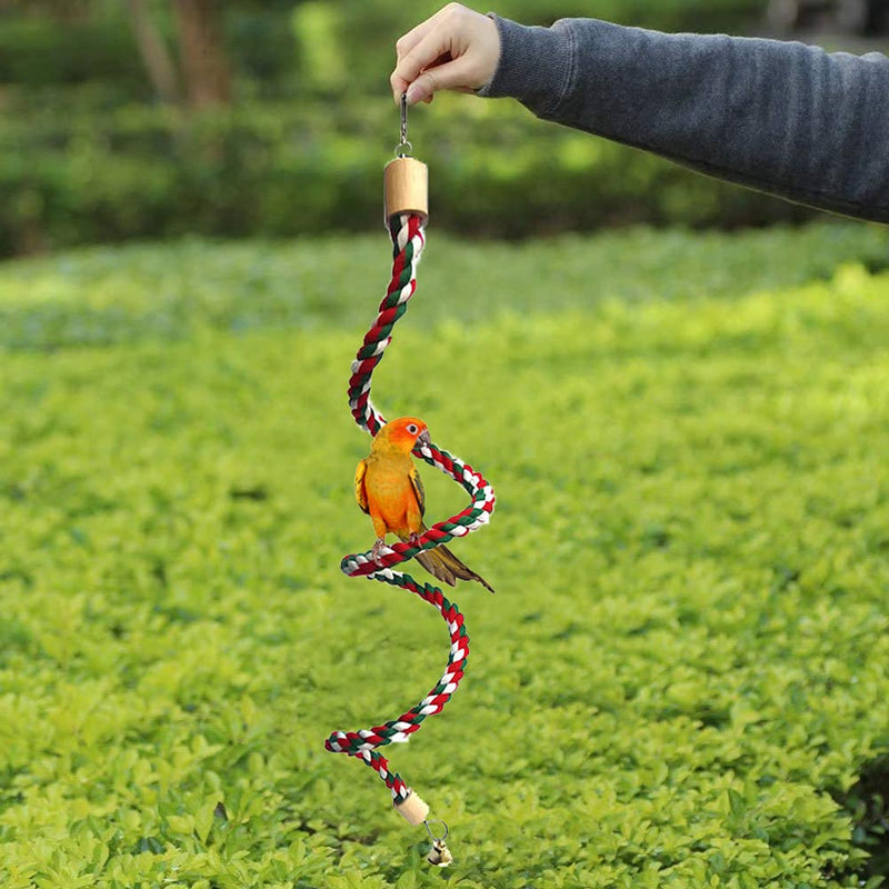 1.5M Spiral Cotton Rope Bird Perch, Parrot Budgie Rope Spiral Perch, Bird Rope Bungee Toy,Spiral Swing Climbing with Bell - PawsPlanet Australia