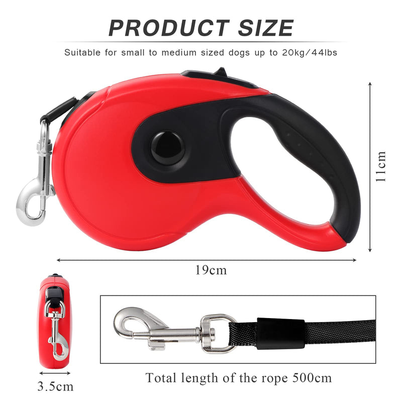 KEESIN retractable dog leash, retractable dog leash, retractable dog leash, retractable dog leash with folding tray, garbage bag, collar for anti-tangle nylon strap and 360° swivel hook (red, 5M) red - PawsPlanet Australia