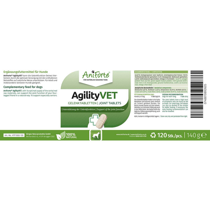 AniForte AgilityVet Mobility Wonder 120 Tablets for Dogs - Complete Joint Care Supplement with Omega 3, Powerful Green Lipped Mussel, Collagen Powder, Glucosamine & Chondroitin - PawsPlanet Australia