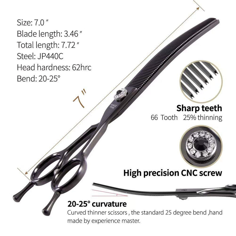 Fenice Peak Professional Dog Grooming Scissors Pet Curved Thinning Shears 7.0'' Extremely Sharp Blades 440C Steel Thinning Scissors Durable Smooth Motion & Fine Cut for Dogs and Cats(Black) Black - PawsPlanet Australia
