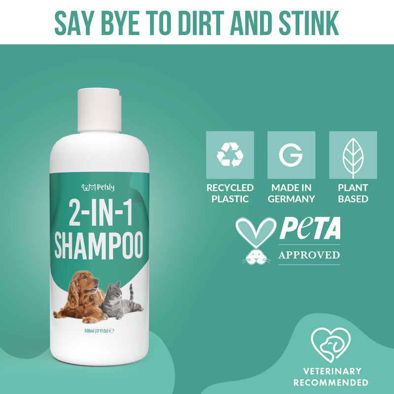 PETSLY 2-in-1 dog shampoo & cat shampoo with conditioner + aloe vera [500ml] - cleansing cat & dog shampoo fur care for cuddly soft pet fur, dog shampoo, sensitive dog shampoo - PawsPlanet Australia