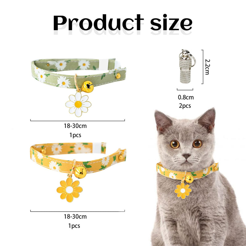 2-Piece Pet Collar with 2 Pet Identity Pendants, Collar with Bell, Cotton Cat Collar, Flower Pendant Cute Cat Necklace for Pet Cats, Etc. (Yellow, Green) - PawsPlanet Australia