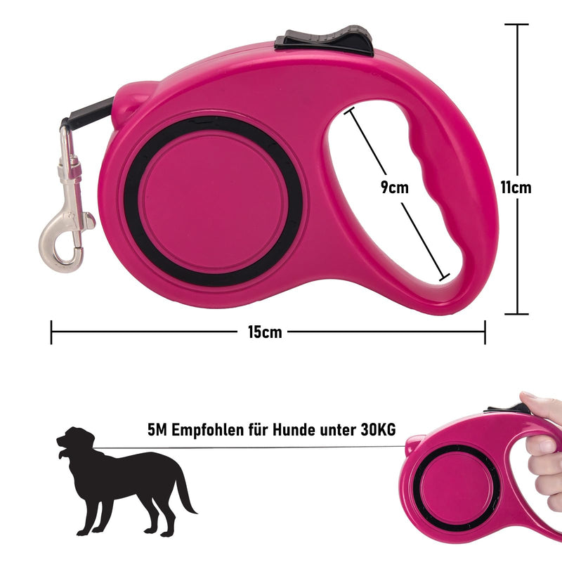 Long Retractable Dog Lead, Extendable Dog Lead, 5 m, Pet Lead Automatic Extendable Dog Training Lead for Small, Medium Dogs (Pink) Pink 5M - PawsPlanet Australia