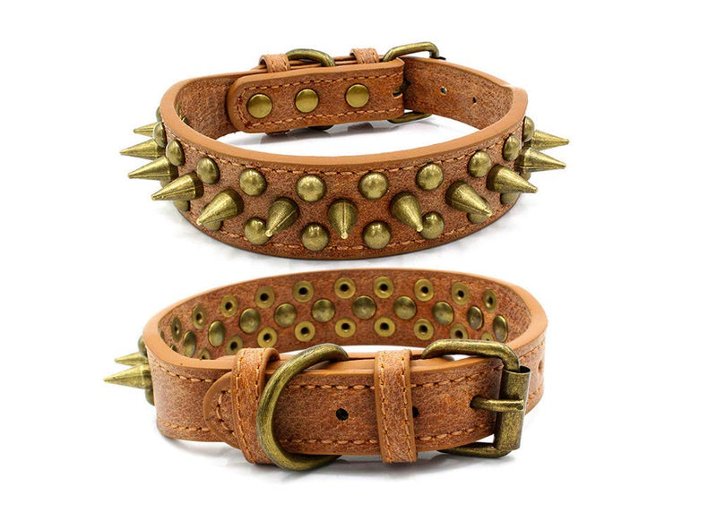 [Australia] - Kismaple Heavy Duty Adjustable Dog Collar Leather Sharp Spiked Studded Sturdy Anti-bite rustproof Stylish Classic Dog Collar XS, S, M, L, XL M Length: 42cm Brown 