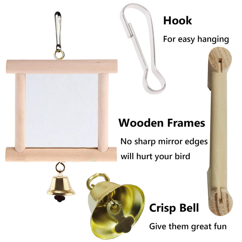 Bird Mirror Toy with Bell, Fun Play Parrot Mirror, 2 PCS Wooden Hanging Cockatiel Mirror for Parakeet Canaries Cockatoo Lovebirds - PawsPlanet Australia