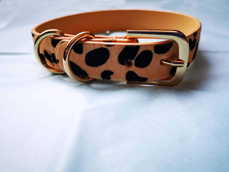 Luxury cream leather dog collar with black animal print (Medium 46cm) Medium 46cm - PawsPlanet Australia