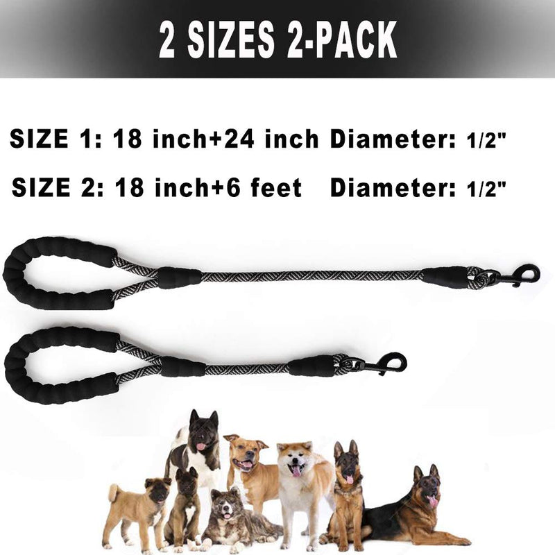 [Australia] - YUCFOREN 18 Inch/24 Inch 2 Sizes 2-Pack Short Dog Leash, 1/2”Thick Rope Traffic Leash with Soft Padded Handle for Medium Large Heavy Duty Dogs Walking Training and Guiding Blind… 18inch+6ft Black 