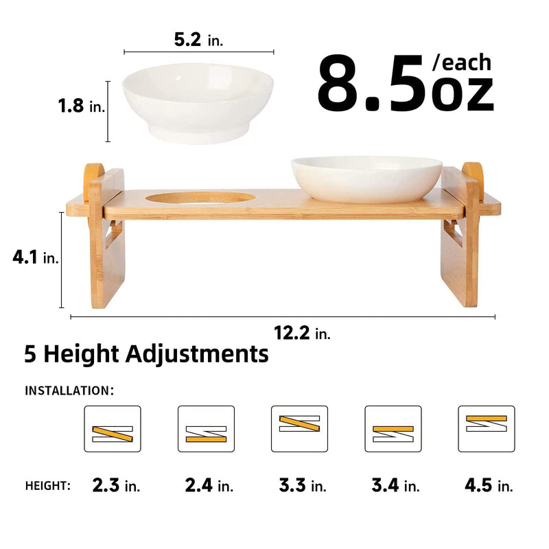 FUKUMARU Elevated Cat Bowl for Cats, Small Dogs, 15° Inclined Elevated Food Bowl, Bamboo Water Stand Bowl Set, Height Adjustable - PawsPlanet Australia