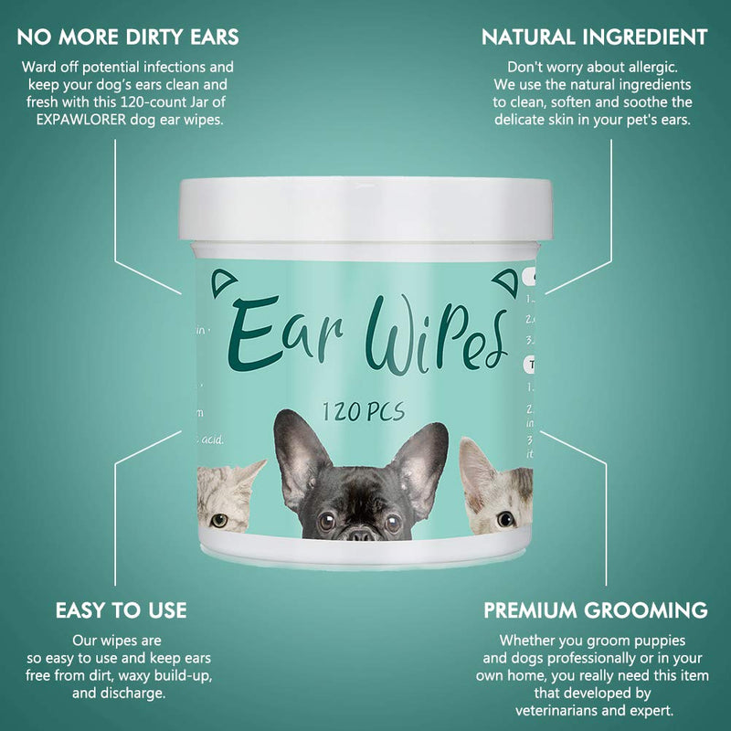 EXPAWLORER Dog Ear Wipes - 120 Count Otic Cleaner for Dogs Cats Puppy to Stop Itching, Soft Cleaning Wipes for Pet Daily Care - PawsPlanet Australia