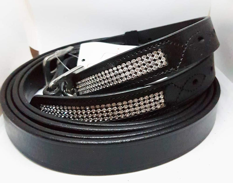 Aces GENUINE HORSE HEAVY DUTY STRONG BLING DIAMANTE STIRRUP LEATHER BLACK FULL (54") COB (52"), PONY (48") SS BUCKLE - PawsPlanet Australia