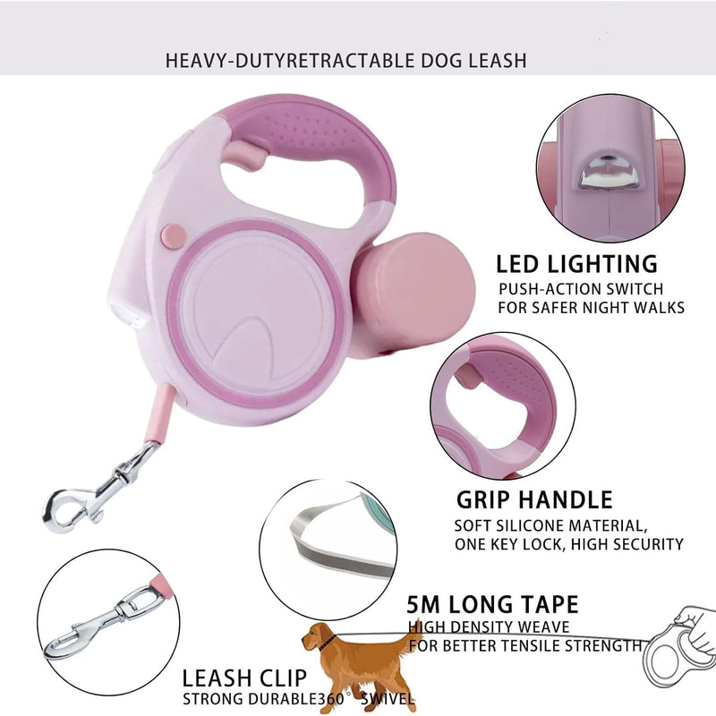 Best Dog Supplies Fancy Dog Leash with Flashlight & Waste Bag Dispenser - Anti-Slip Handle & 360° Tangle-Free Retractable Leash - Stylish, Convenient, & Safe for Nighttime Adventures – Pink - PawsPlanet Australia