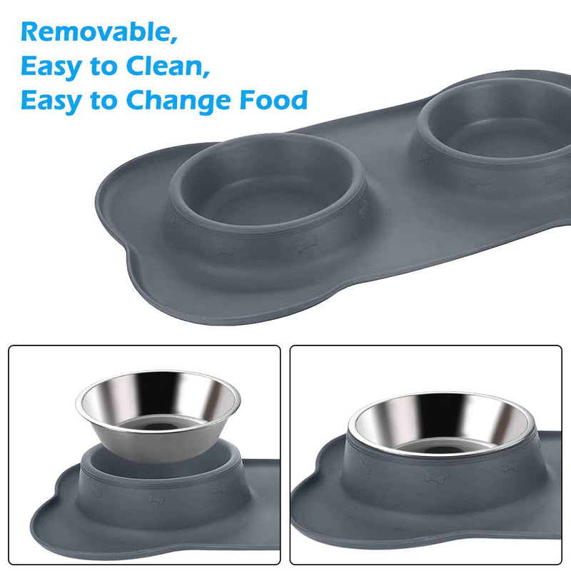 Plartree 2 x 850ML Dog Bowls, Stainless Steel Double Bowls Set with Pet Food Mat,18 * 11in Silicone Non Slip Dog Feeding Bowls for Dog Cat Bowl Water Food Feeding Mat(Grey) - PawsPlanet Australia