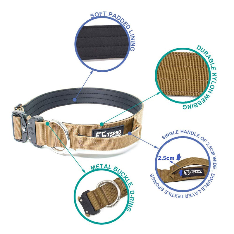 TSPRO Premium Dog Collar with Handle Thick Adjustable Dog Collar Heavy Duty Quick Release Metal Buckle Dog Collar for Small or Medium to Extra Large Dogsz(Khaki-L) Handle Version-Size L-(Adjustable47-66cm) Khaki - PawsPlanet Australia