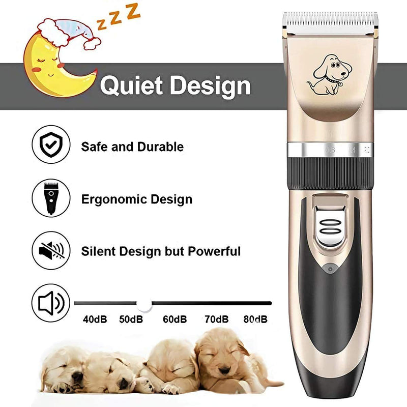 Maxshop Dog Grooming Kit, Low Noise Rechargeable Dogs Shaver Clippers Electric Quiet Dog Hair Trimmer for Dogs and Cats with Comb Guides Scissors Gold - PawsPlanet Australia