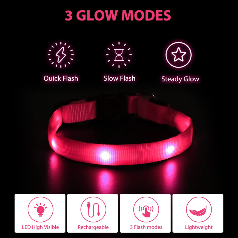 PcEoTllar Dog Collar Luminous for Small Dogs LED Collar Dogs USB Rechargeable Light Collar Luminous Collar Puppy Safety for Night with 3 Light Modes, Pink XS (25-32cm, 1.5cm) - PawsPlanet Australia