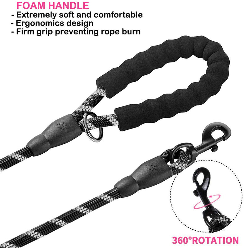 JSXD Dog Leash,5 FT Heavy Duty Double Handle Dog Leash with Comfortable Padded and Reflective,Rope Dog Leashes for Small,Medium,Large Dogs Rope Leash Rope-Black - PawsPlanet Australia