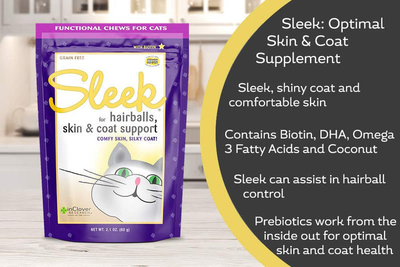 In Clover Sleek Daily Skin, Coat, and Hairballs Support Soft Chews for Cats with Fish Oil, DHA and EPA Omega-3 Fatty Acids, Biotin, Zinc, and Coconut Oil 10.5 oz - PawsPlanet Australia