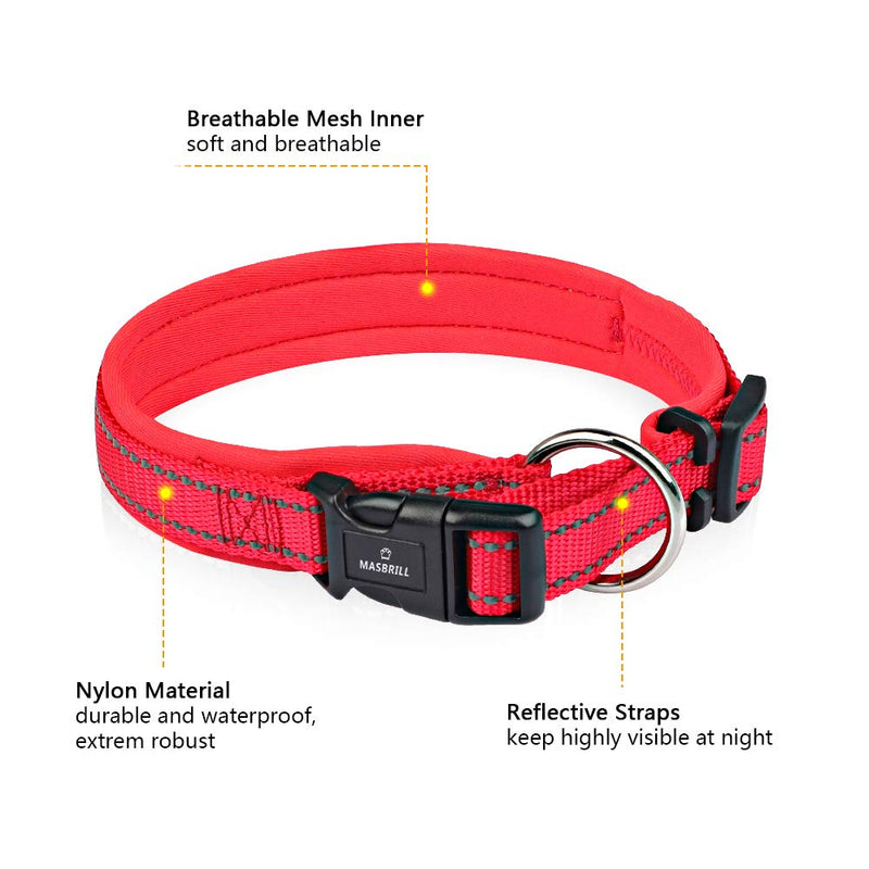 MASBRILL Reflective Dog Collar, Adjustable Nylon Dog Collar with Soft Neoprene Padded, Breathable Pet Collar for Puppy Small Medium Large Dogs, Red, S S (13.8-15.7''/35-40 cm) - PawsPlanet Australia