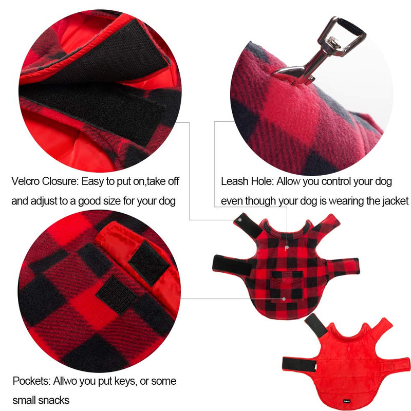 SCENEREAL Dog Winter Clothes Reversible Jacket Warm Coat Windproof Waterproof Plaid Vest Suit for Small Medium Large Dogs Pets Cold Weather Wearing M Red-Black - PawsPlanet Australia