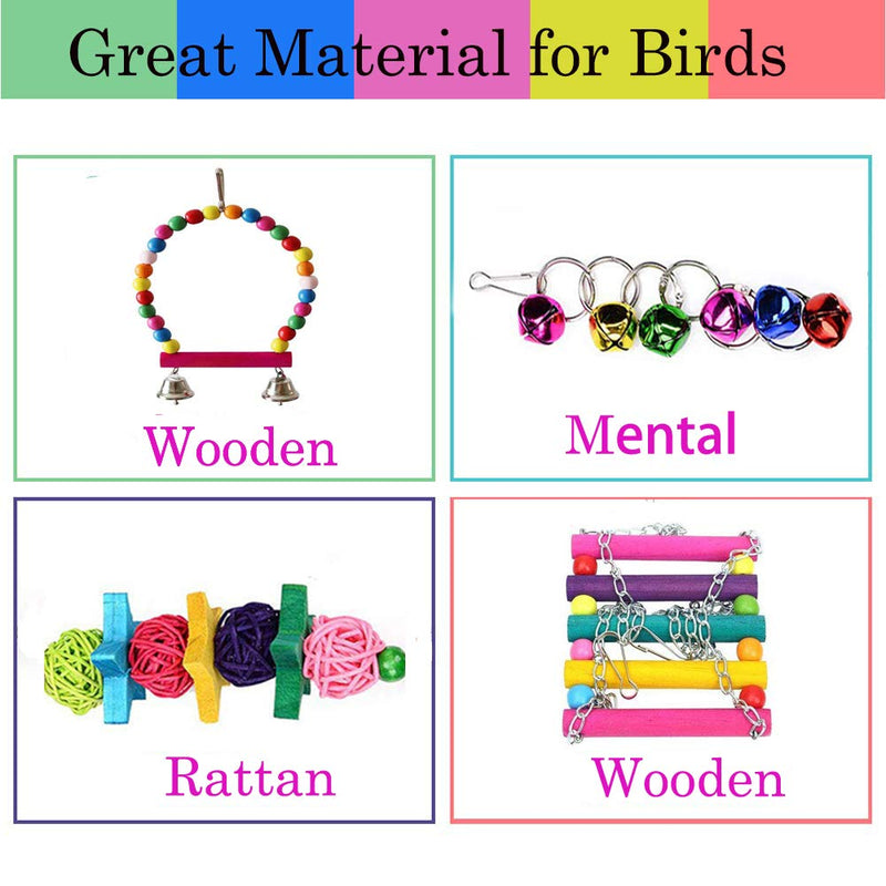 [Australia] - ESRISE 8 Pcs Bird Parrot Toys, Hanging Bell Pet Bird Cage Hammock Swing Toy Wooden Perch Chewing Toy for Small Parrots, Conures, Love Birds, Small Parakeets Cockatiels, Macaws, Finches 