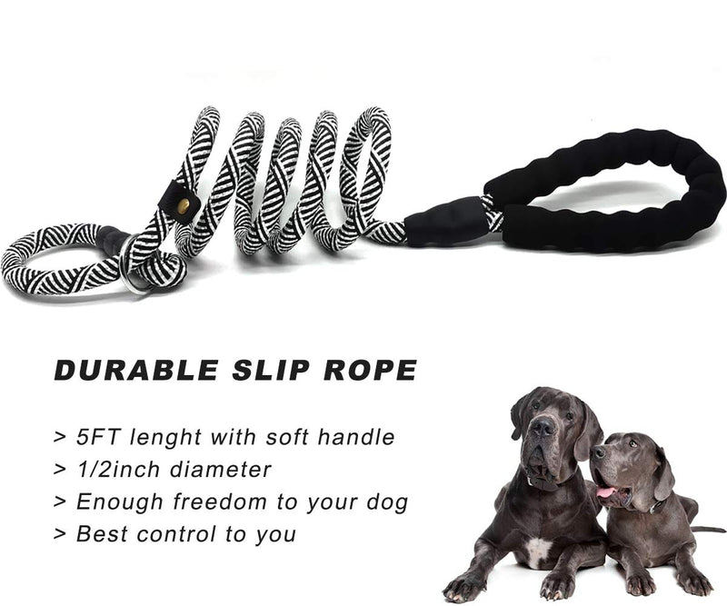 Mycicy Durable Rope Slip Collar Choke Dog Lead- Extremely Comfortable Handle No-Pull Pet Training Leash for Medium and Large Dogs-1.5mx12mm (1/2" x 5Ft, Black-B) 1/2" x 5Ft - PawsPlanet Australia