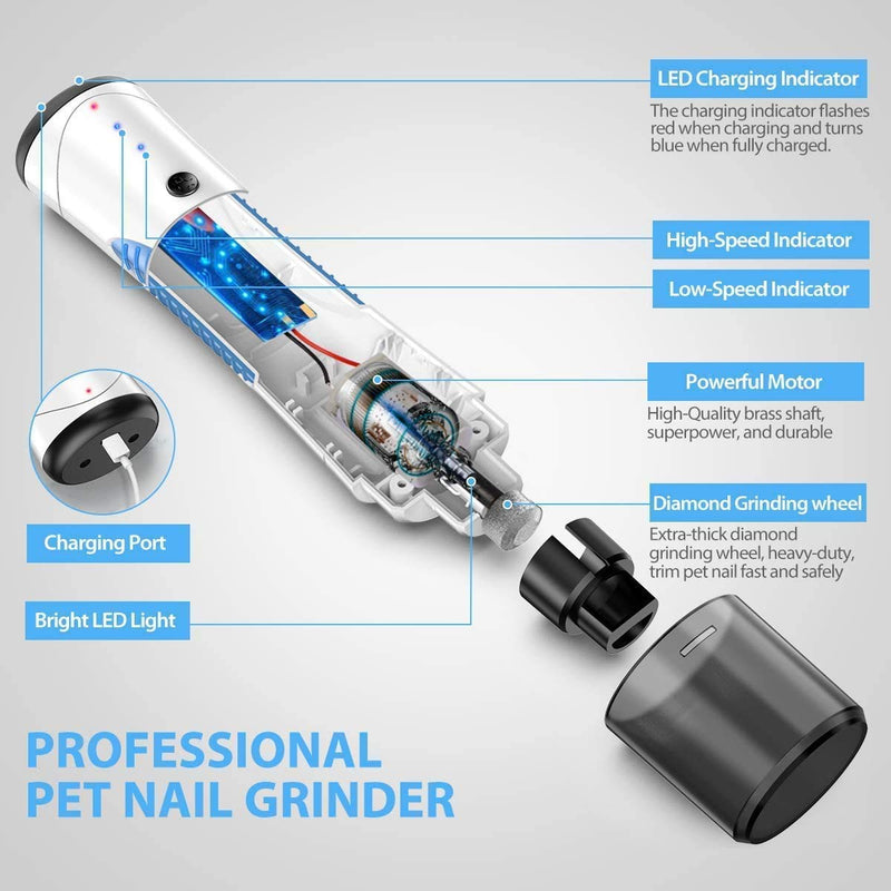 Peteast Electric Pet Nail File, 2200mA lithium battery Professional Pet Nail Clippers with LED Light, 2 Speeds Quick Charging Electric Rechargeable Trimmer for Small Medium Large Dogs Cats Blue - PawsPlanet Australia